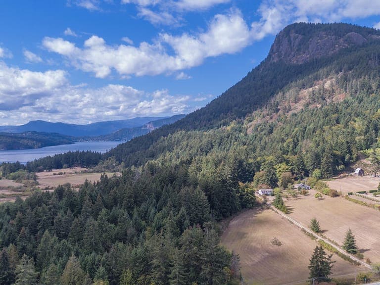 Forest, farmland and a rocky peak on Salt Spring Island