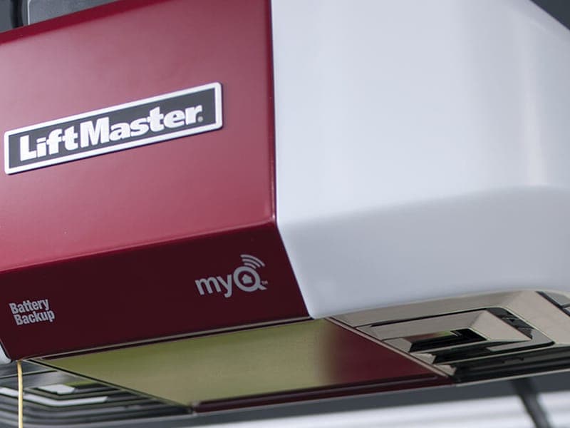 A LiftMaster garage door opener with its smart-connectivity panel