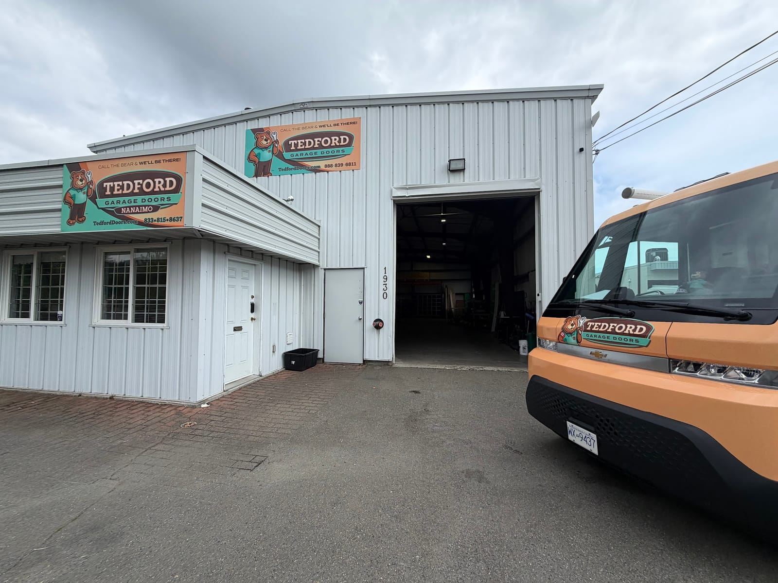 Tedford Garage Doors Nanaimo shop at 1930 Northfield Rd with a Tedford service van out front