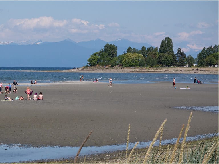 Families on the sand flats at low tide on the Parksville beach, with mountains across the water