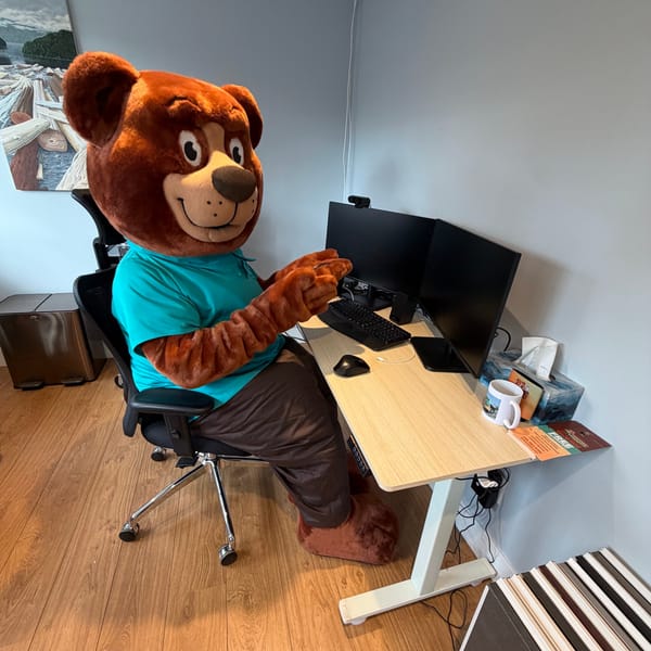 The Tedford bear mascot at a desk in the Tedford office